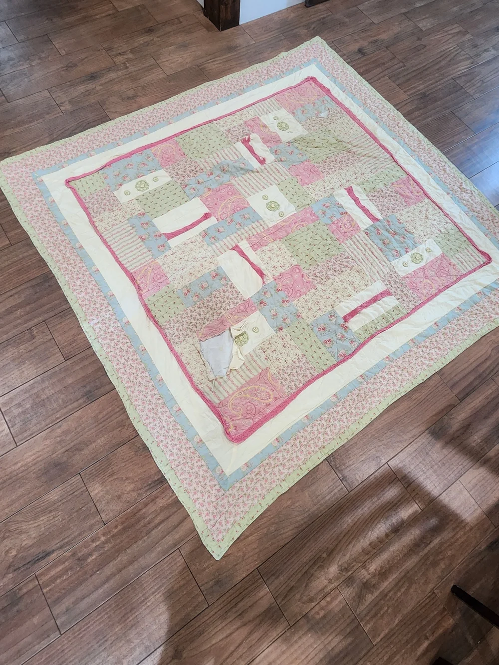 Handmade Pastel Patchwork Quilt Throw - Pink, Blue & Green 80x75